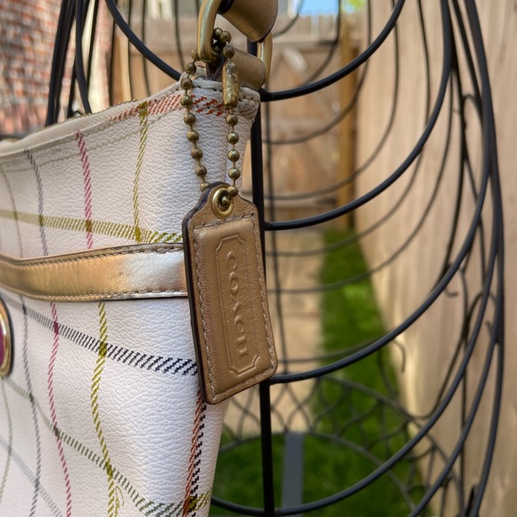 Coach Peyton Tattersall Crossbody Bag Plaid Purse White Gold Leather - Picture 11 of 16
